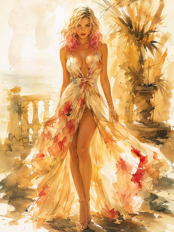 Watercolor portrait of a pink-haired woman in a flowing floral gown standing on a sunlit seaside terrace