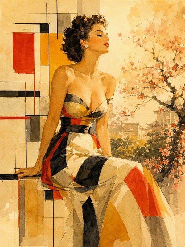 Elegant woman in a color-block gown sits between abstract geometric decor and a cherry blossom tree