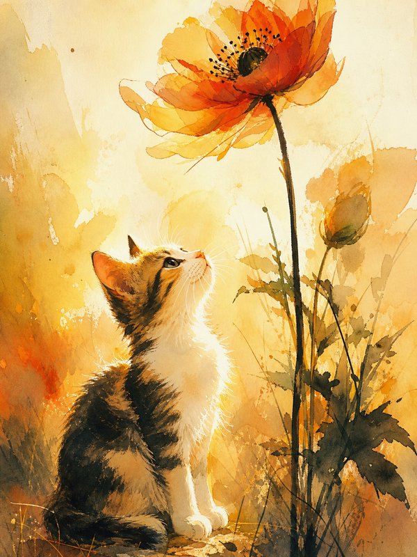 Fluffy calico tabby kitten sits gazing up at a large glowing orange poppy in warm golden light