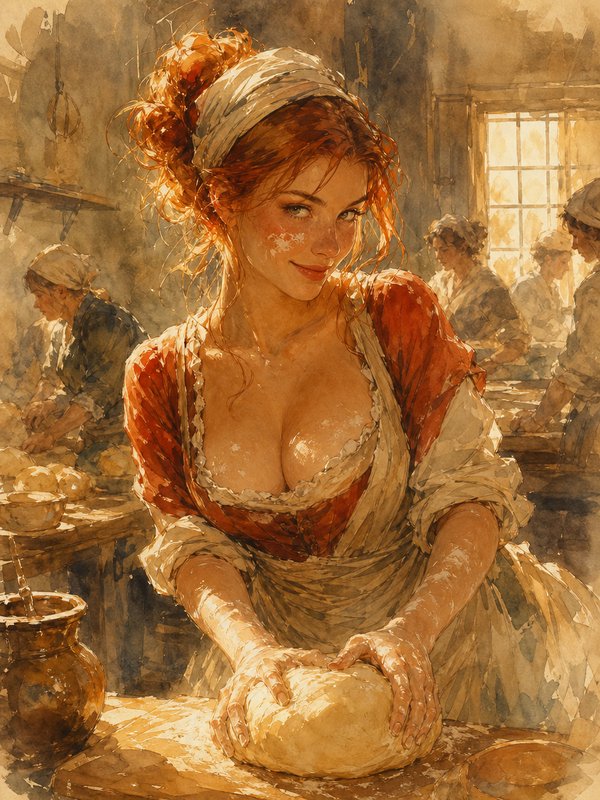 Smiling redheaded baker kneading bread dough in a sunlit historic village bakery