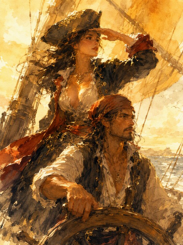 Male pirate steers a galleon wheel as female pirate captain scans the horizon at golden sunset