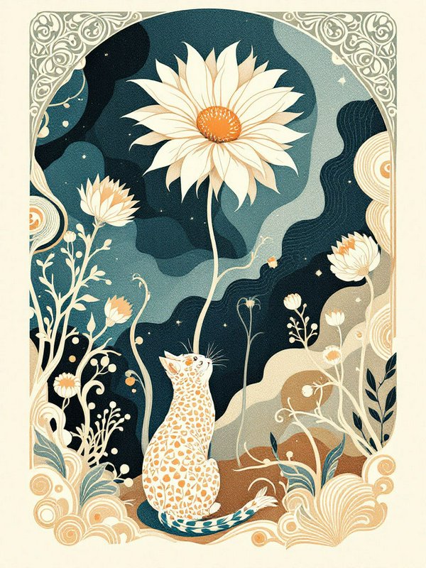 Art nouveau illustration of a spotted cream cat gazing up at a giant flower in a starry fantasy garden