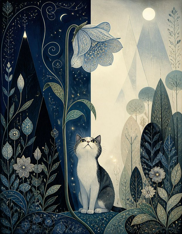 Gray and white cat gazes up at a large ornate blue flower in a split day-night enchanted forest illustration