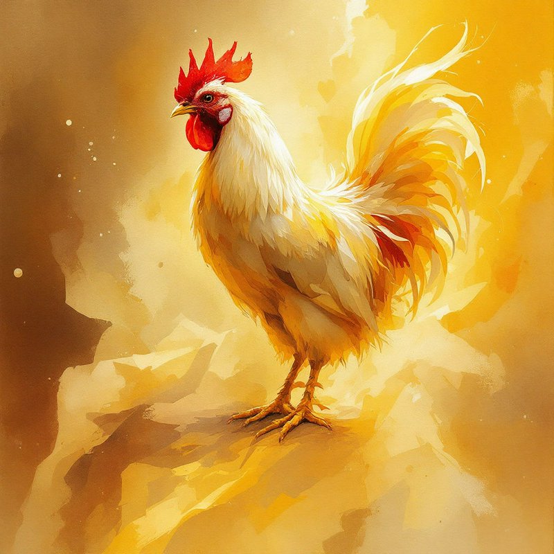 Painterly illustration of a regal white rooster with bright red comb against a glowing golden background