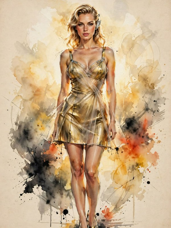 Watercolor fashion portrait of a blonde woman wearing a sheer layered gold mini dress