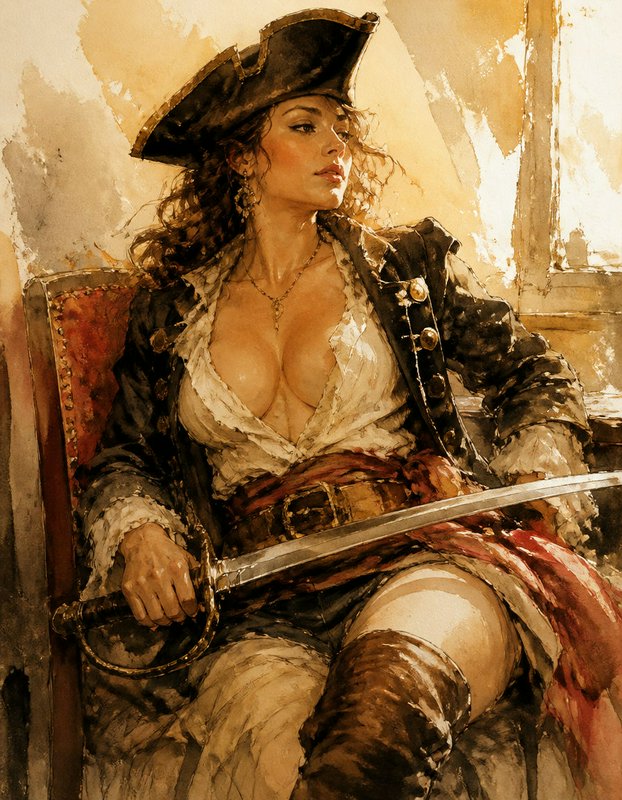 Seated female pirate wearing a tricorn hat holds a cutlass in a sunlit room
