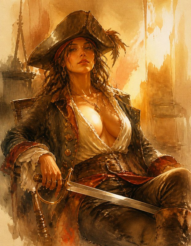 Confident female pirate captain seated holding a cutlass aboard a sunlit ship