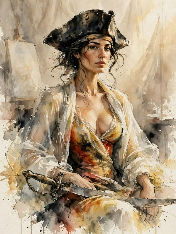 Female pirate captain wearing a tricorn hat holds a cutlass, rendered in watercolor with ship sails in the background