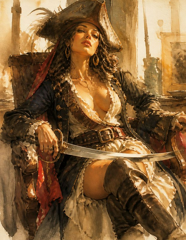 Confident female pirate captain seated in a wooden chair holding a curved cutlass, wearing a feathered tricorn hat