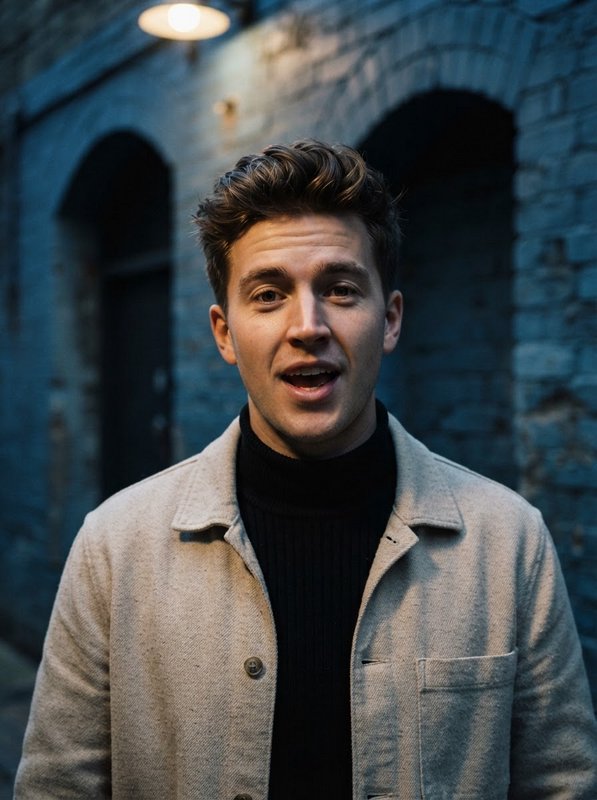Young man in black turtleneck and beige overshirt stands against arched brick wall at blue hour