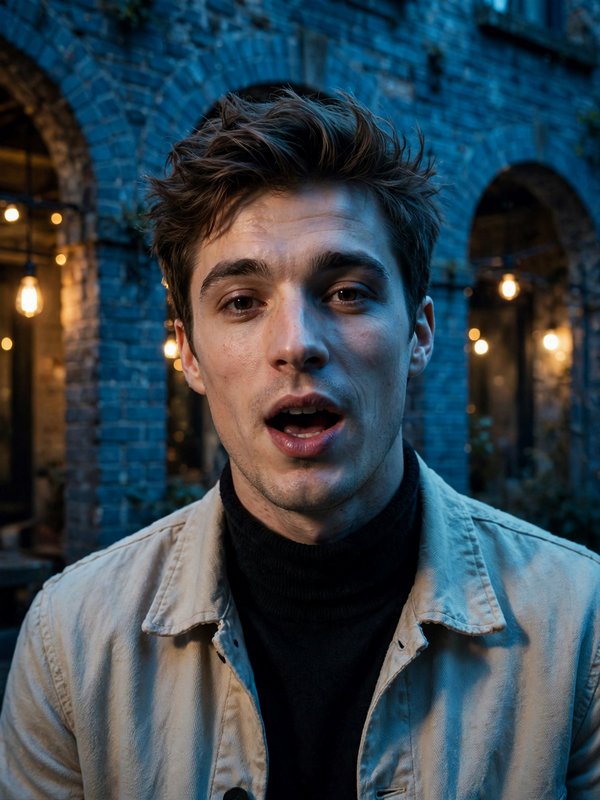 Close-up candid portrait of a young man speaking in a brick arched courtyard at blue hour