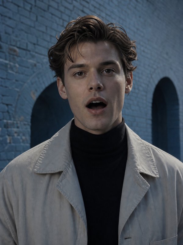 Stylish young man in a trench coat and black turtleneck stands before a blue brick arched wall