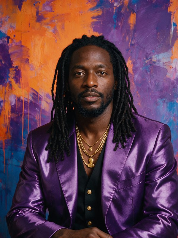 Black man with long dreadlocks in a purple satin blazer poses against a bright abstract painted backdrop