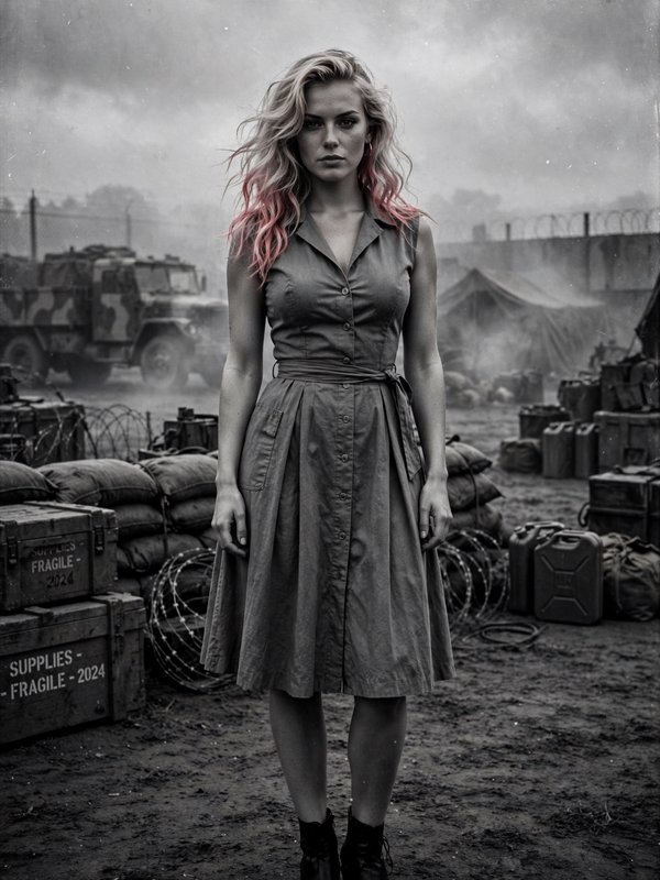 Serious woman with pink-tipped wavy blonde hair standing in a foggy military outpost encampment