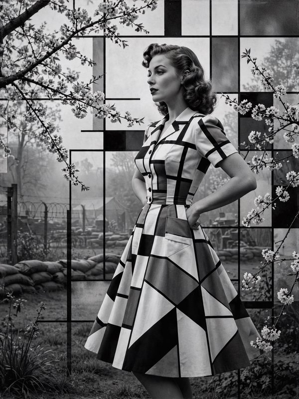 1950s style woman in a geometric print dress poses framed by flowering cherry branches and a grid partition