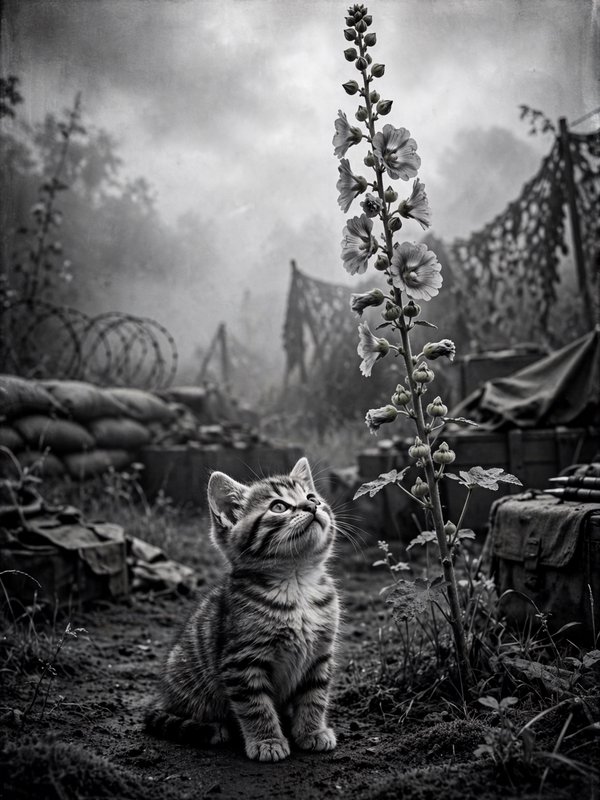 Tiny tabby kitten sits beside a tall hollyhock, looking up in a foggy wartime outpost setting