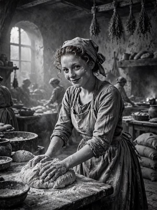 Smiling young female baker kneads bread dough in a sunlit rustic historic village kitchen