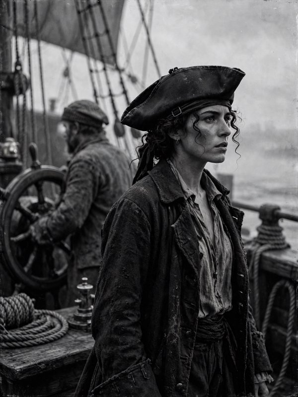 Female pirate captain in a tricorn hat stands on a sailing ship deck as a helmsman steers behind her