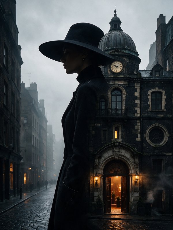 Silhouetted woman in a wide black hat stands on a foggy cobblestone historic city street beside an old domed clock tower