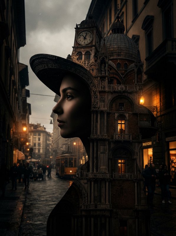 Surreal double exposure blending a woman's profile with an ornate clock tower on a rainy old European street