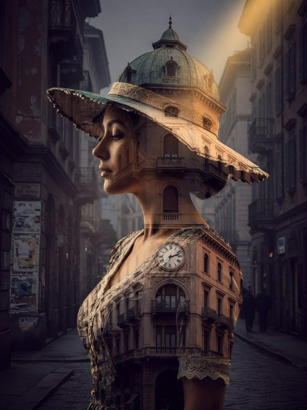 Surreal double exposure portrait blending an elegant woman in a wide hat with historic European architecture on a misty