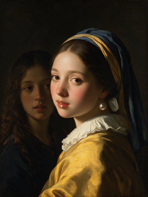 Classical oil portrait of two young women, foreground figure wearing a pearl earring and silk headwrap