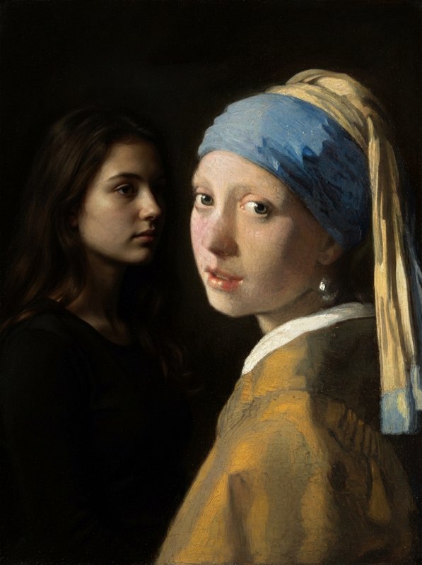 Reimagined Girl with a Pearl Earring stands beside a pensive dark-haired young woman against a deep dark backdrop