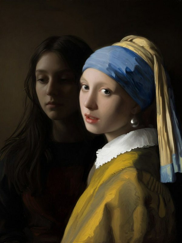 Reimagined Girl with a Pearl Earring stands beside a shadowed female companion in a Vermeer-style oil portrait