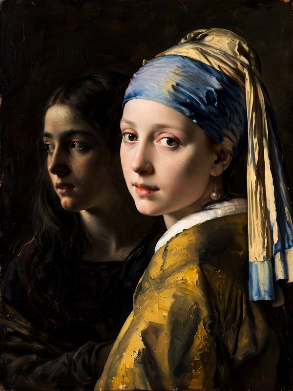 Reimagined Girl with a Pearl Earring portrait featuring a shadowed second female figure behind the primary subject