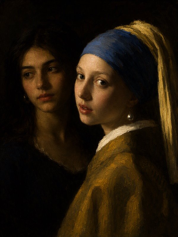 Reimagined Girl with a Pearl Earring stands beside a second young woman in a dark oil portrait