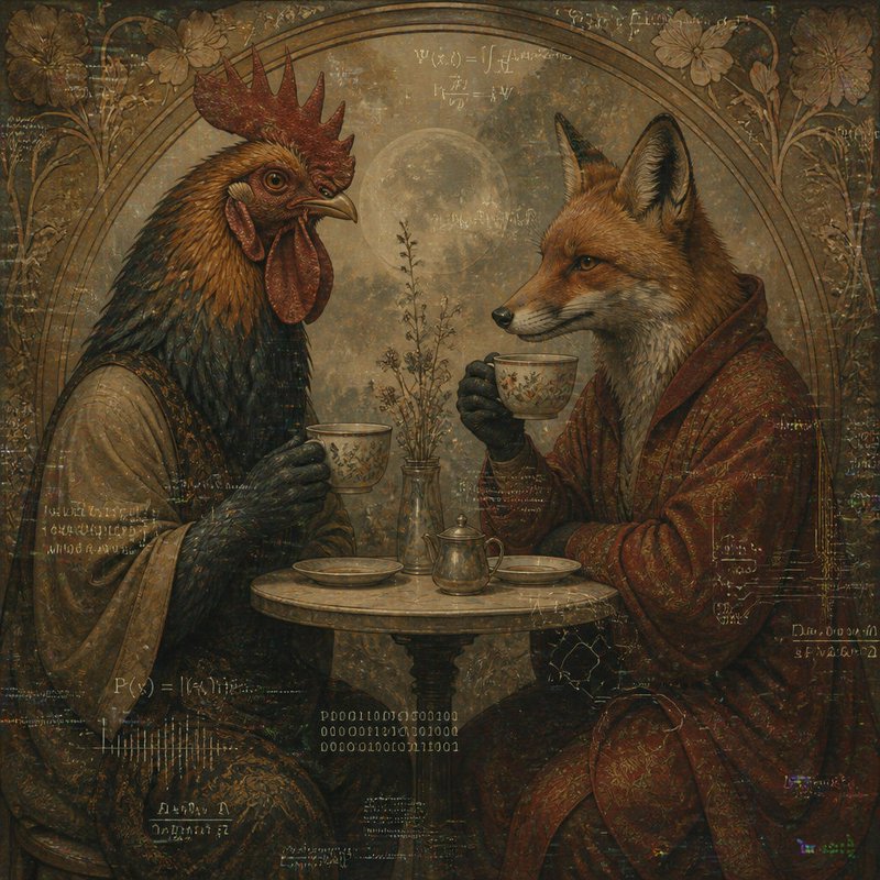 Anthropomorphic rooster and fox sit sharing tea beneath a full moon in an ornate vintage framed scene