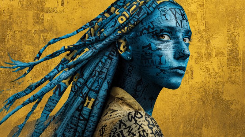 René Magritte + Shepard Fairey, blending surrealist symbolism with bold graphic elements and contemporary design aesthetics.

A surreal humanoid figure with blue skin covered entirely in typographic symbols and text, flowing hair that moves dynamically as though affected by wind, and a serene yet enigmatic expression.

standing or a rug of newspapers, A contrasting textured golden-yellow background featuring scattered cryptic symbols and characters, giving an abstract and mysterious atmosphere.