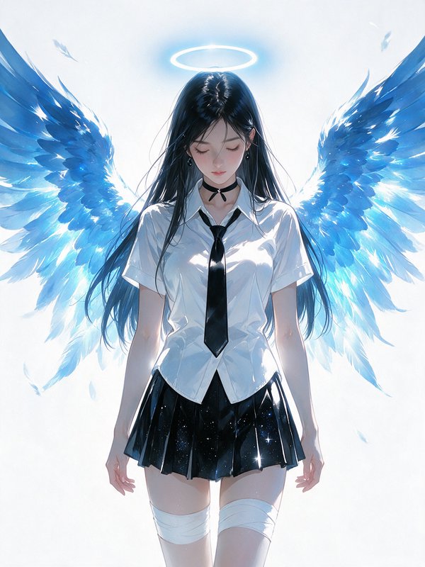 Ethereal anime angel girl with glowing blue wings and halo wears a school uniform, eyes closed.