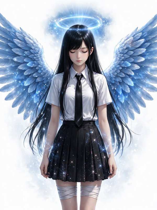 Serene anime angel schoolgirl with glowing blue wings and halo stands with eyes closed in bright mist