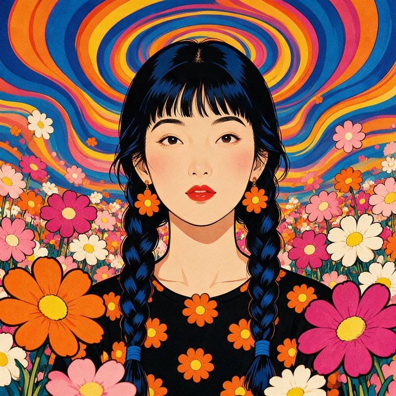 Young East Asian woman with dark braids stands in a daisy field under a swirling psychedelic rainbow sky