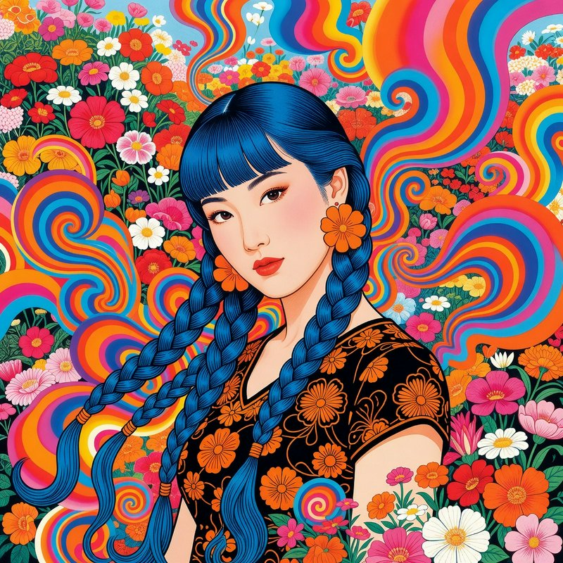 Stylized portrait of a woman with long blue braids set against a psychedelic rainbow floral background