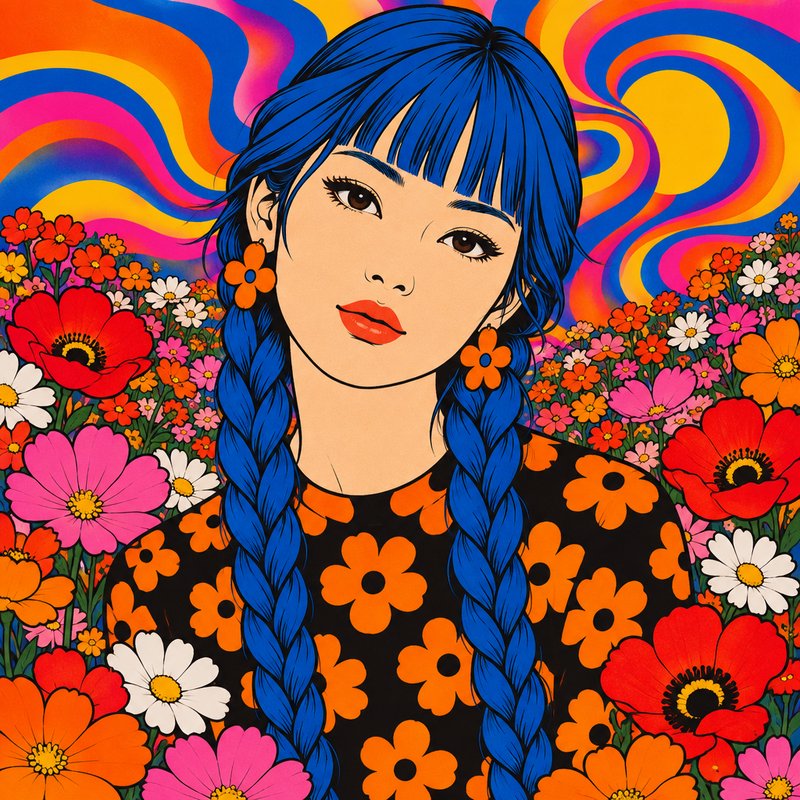 Young woman with bright blue braids surrounded by colorful flowers against a swirling psychedelic background