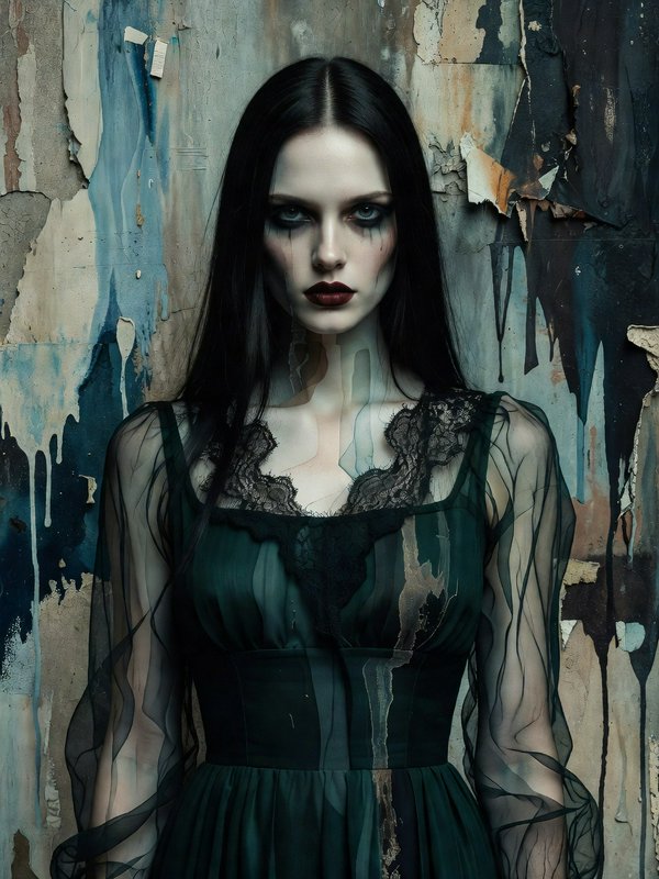 Pale gothic woman in a dark green tulle dress stands before a weathered peeling painted wall