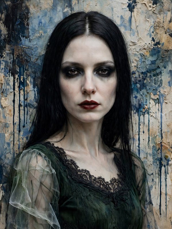 Haunting portrait of a pale gothic woman with long black hair against a textured dripped paint background