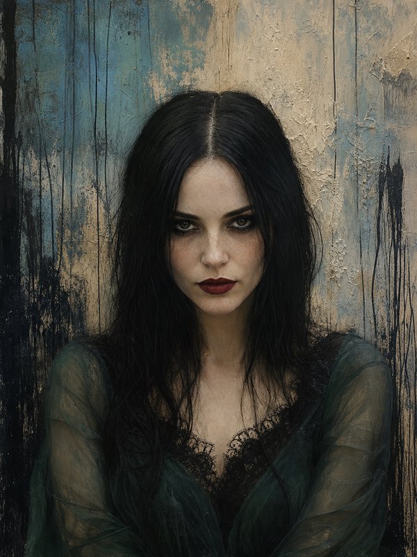Gothic woman with long dark hair and bold dark makeup stares directly at the viewer against a textured painted wall