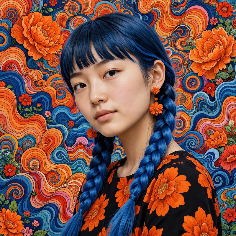 Young East Asian woman with bright blue braided hair posed against a swirling psychedelic floral background