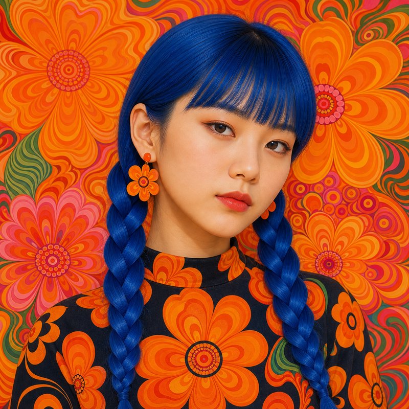 Young woman with bright blue braided hair posed against retro psychedelic floral wallpaper