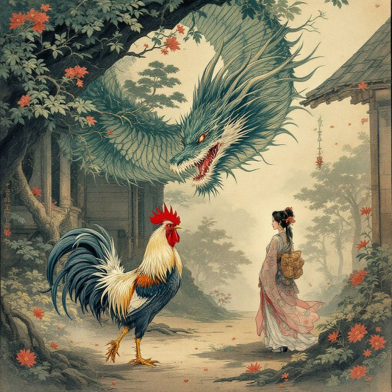Traditional East Asian illustration of a kimono woman, giant rooster, and feathered dragon in a misty village courtyard