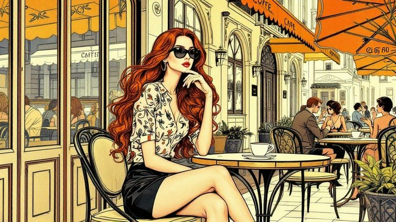 Stylish red-haired woman in sunglasses sits at a sunlit Parisian sidewalk cafe table