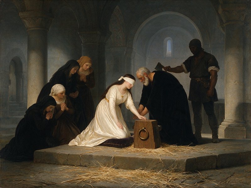 Blindfolded Lady Jane Grey kneels at an execution block surrounded by grieving onlookers in a stone castle chamber.