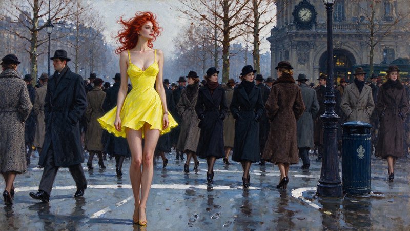 Tall red-haired woman in a bright yellow dress stands out on a rainy vintage Paris street