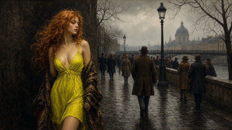 Curly red haired woman in a bright yellow dress stands on a wet historic Paris riverside promenade
