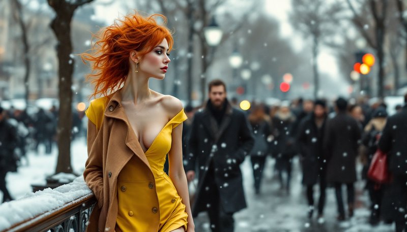 Windblown red-haired woman in a bright yellow outfit stands on a busy snowy city street during snowfall