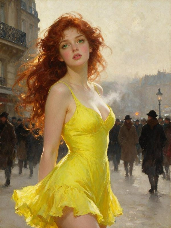 Impressionist painting of a red-haired woman in a bright yellow dress on a misty vintage Paris street