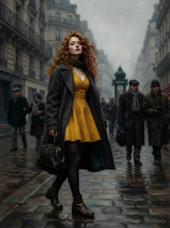Curly red haired woman in a bright yellow dress walks on a foggy wet Parisian cobblestone street